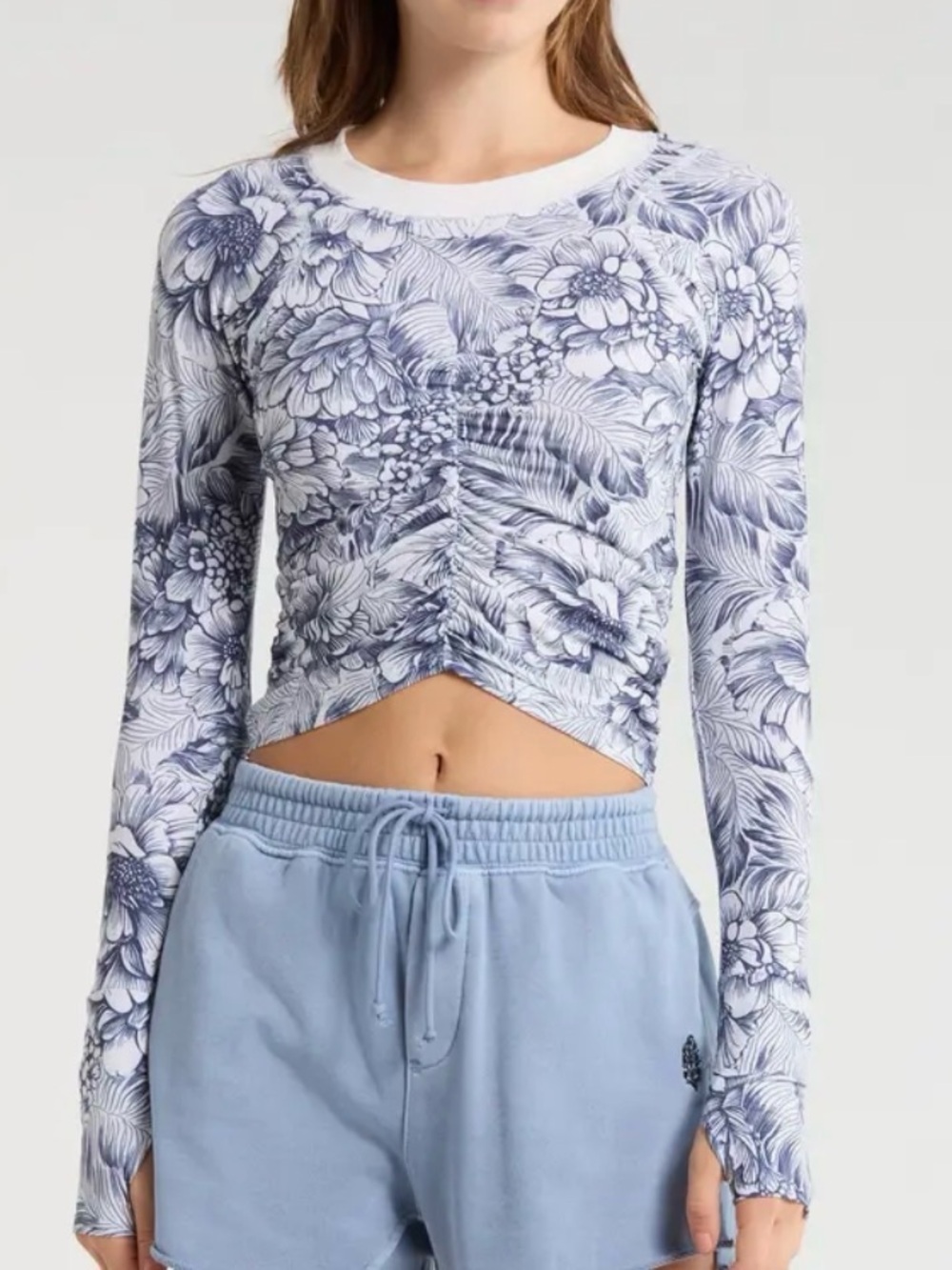 Free People Blue & White Floral Ruched Long-Sleeve Crop Top Lg